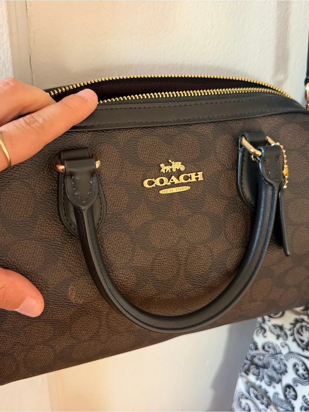 Coach Brown Signature Satchel with Black Trim and Gold Hardware
